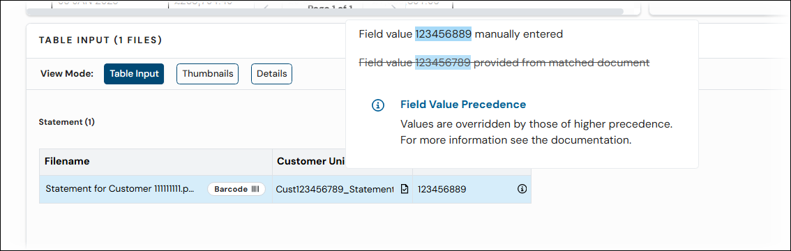 The Key value precedence popup for an upload document